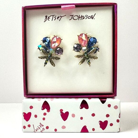 BETSEY JOHNSON Dragonfly Earrings "Buggin Out" Studs Rhinestones w/Gift Box NEW - Picture 6 of 6